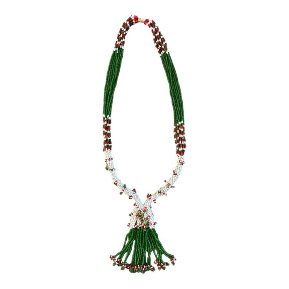 Jewelry - Multi Strand Red, Green, White Beaded Tassel Tribal Style Necklace 20” Drop
